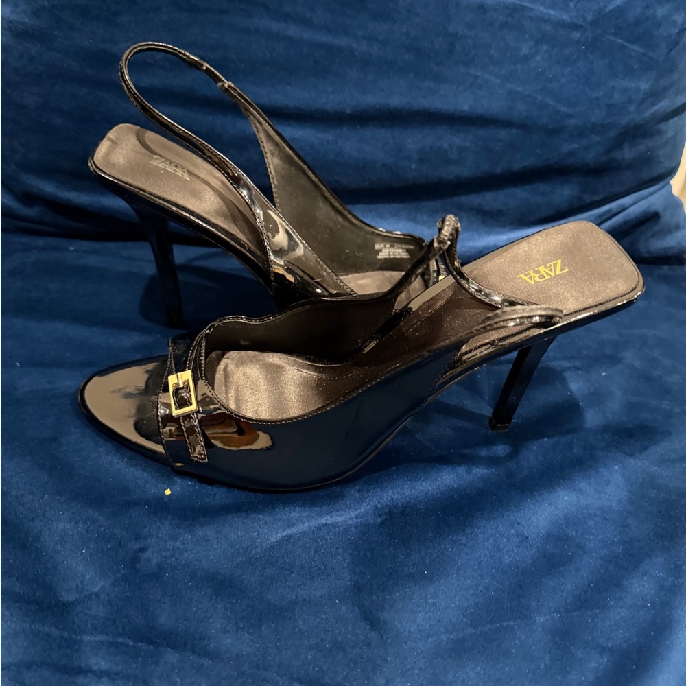 Zara Glossy Black Slingback Heels